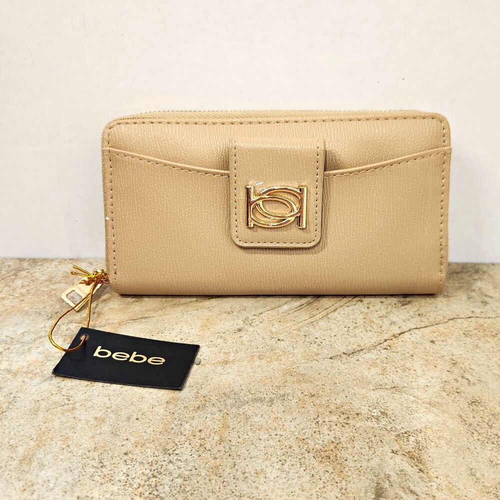 bebe Lupe Zip Around Wallet Beige Tan Gold Hardware NWT